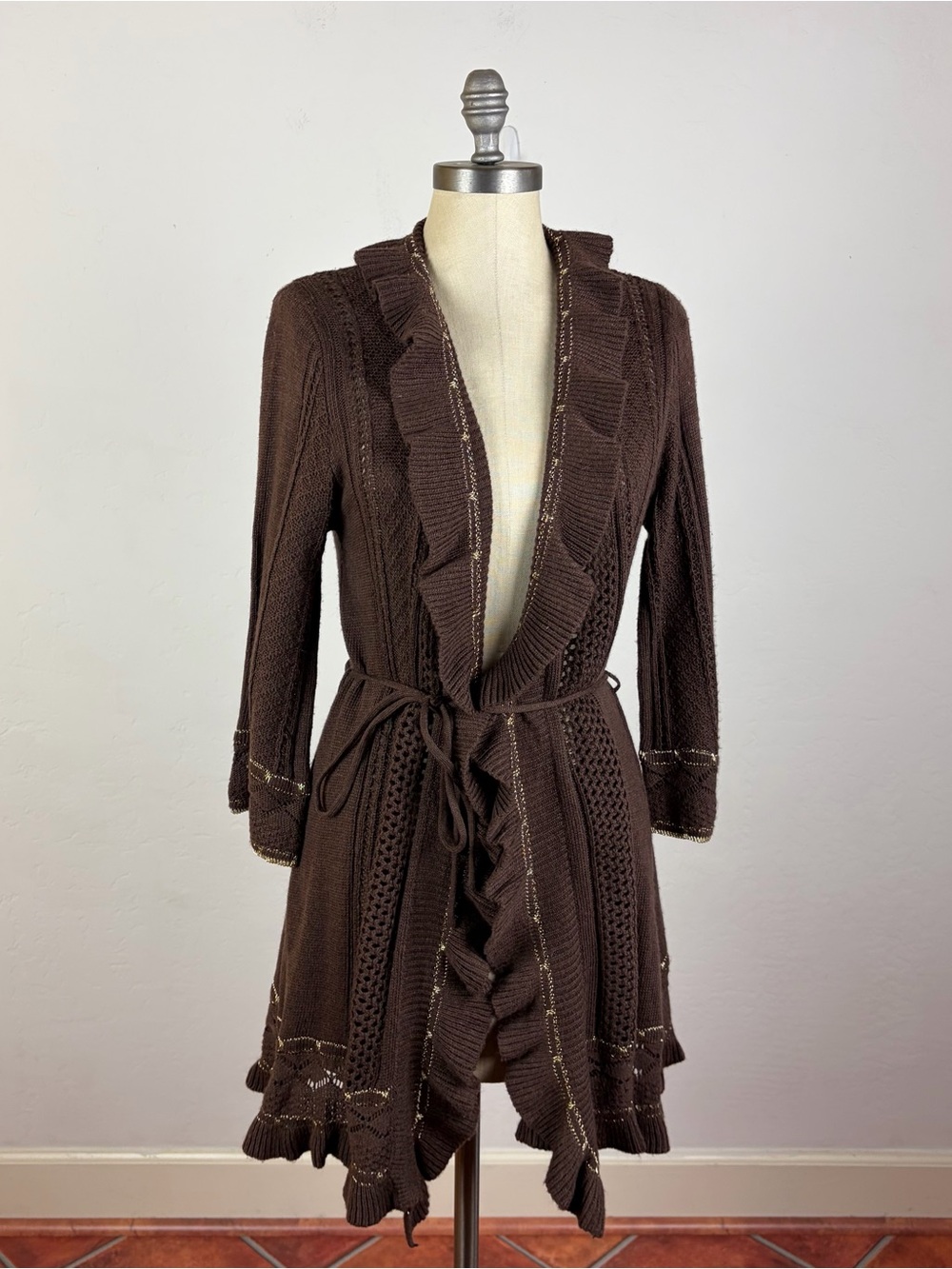Alberto Malaki Brown Tie Waist Knit Cardigan